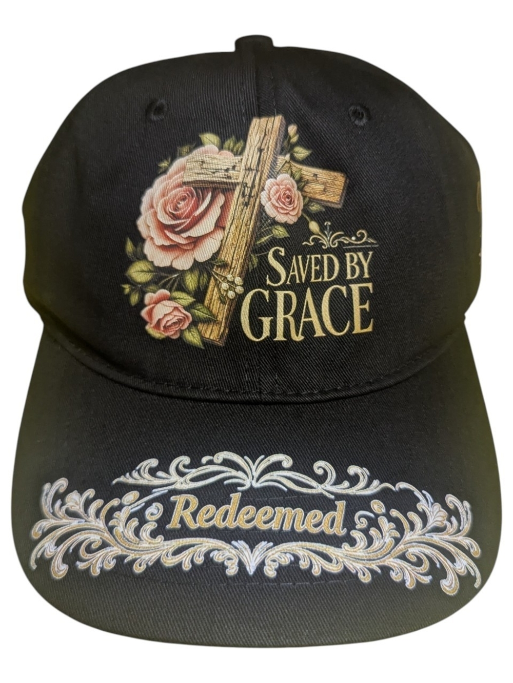 NEW Saved By Grace Redeemed Black Baseball Cap O/S Adjustable Hat Cross Floral